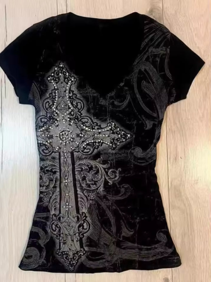 Black Y2K Harajuku V-Neck Tee