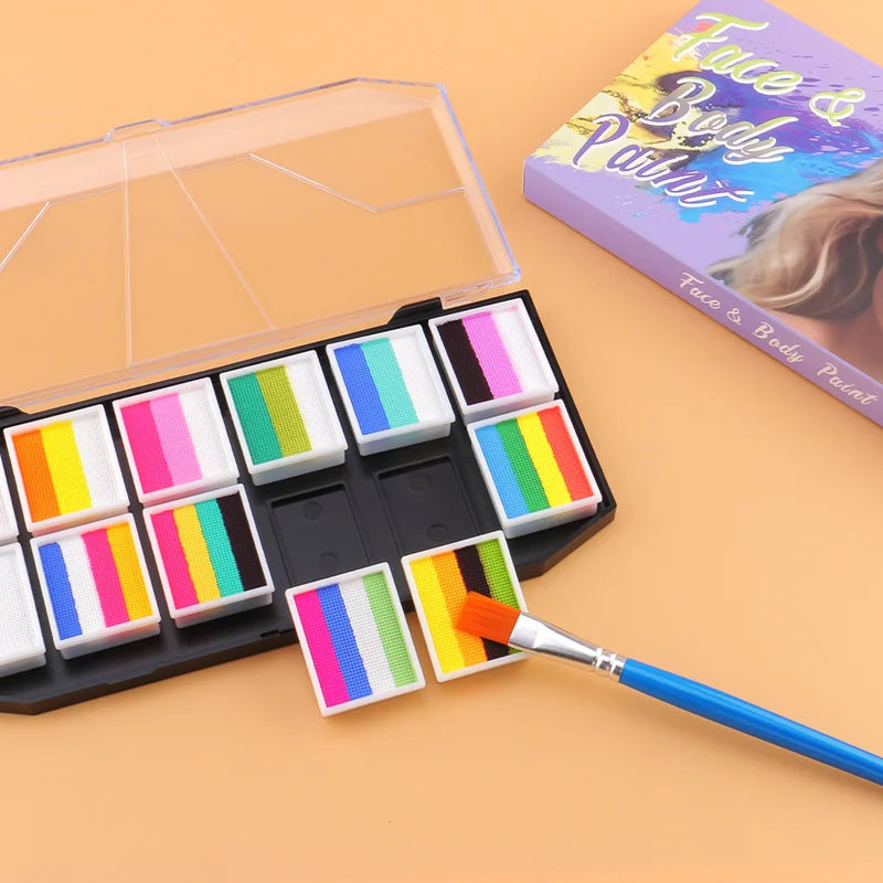 12-Grid Face & Body Painting Set – Water-Soluble Rainbow Palette Kit with Brushes  & Stencils (1)