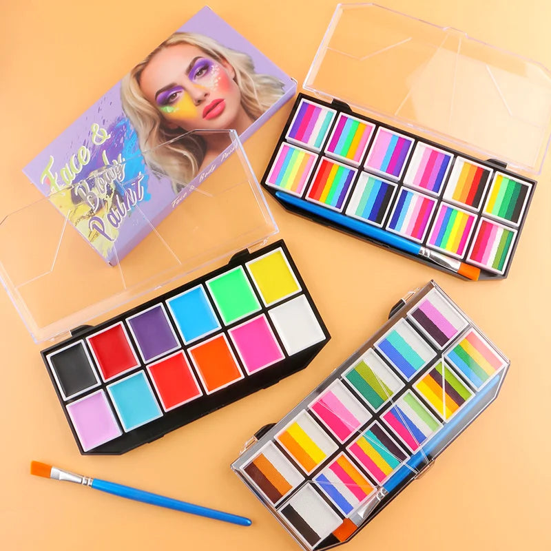 12-Grid Face & Body Painting Set – Water-Soluble Rainbow Palette Kit with Brushes & Stencils(3)
