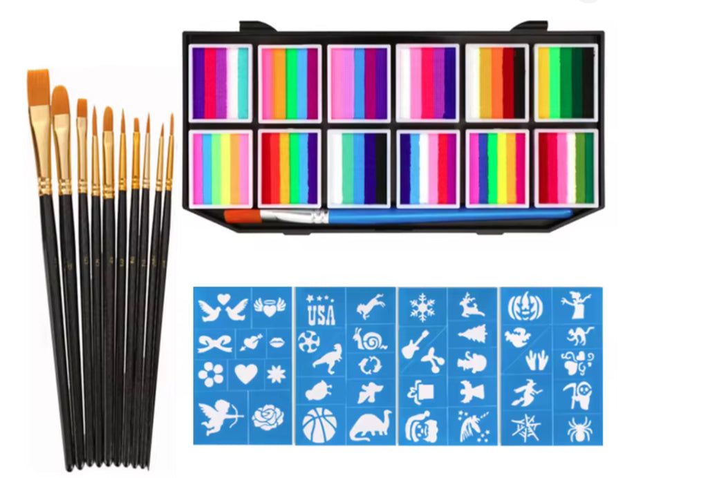 12-Grid Face & Body Painting Set – Water-Soluble Rainbow Palette Kit with Brushes  & Stencils (1)