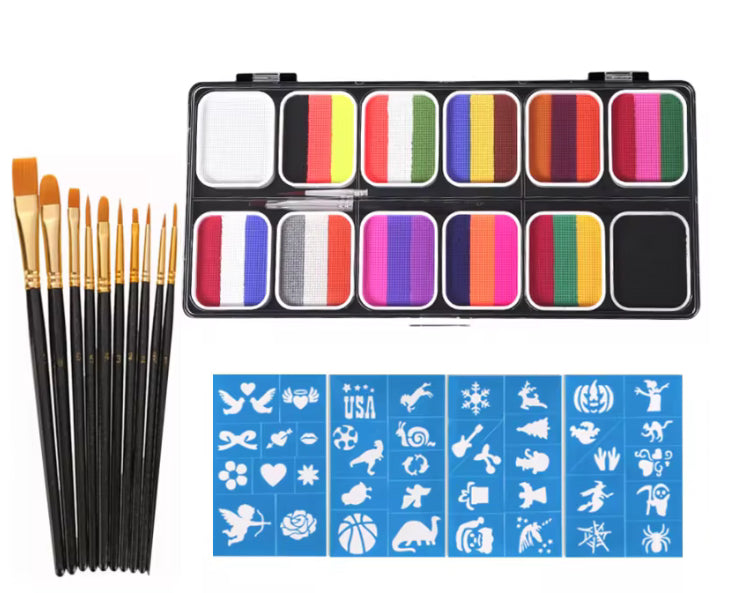 12-Grid Face & Body Painting Set – Water-Soluble Rainbow Palette Kit with Brushes & Stencils(2)
