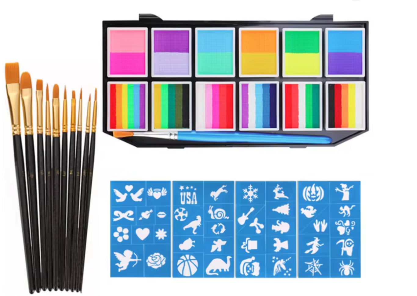12-Grid Face & Body Painting Set – Water-Soluble Rainbow Palette Kit with Brushes & Stencils(3)