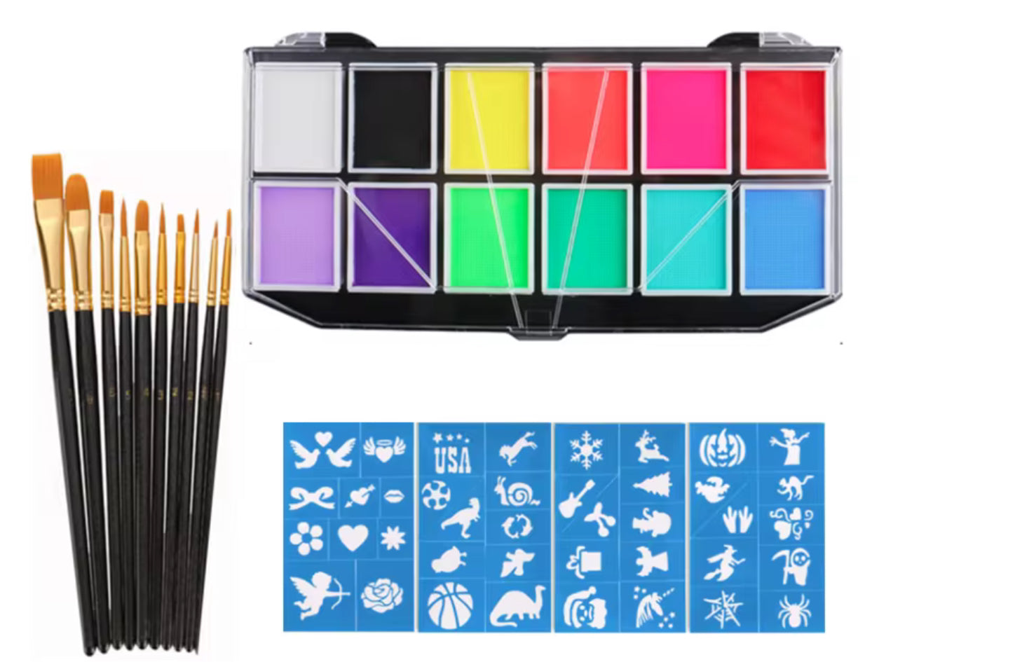 12-Grid Face & Body Painting Set – Water-Soluble Rainbow Palette Kit with Brushes & Stencils(4)